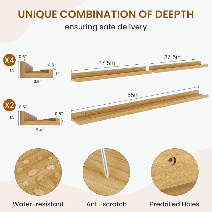 Picture Ledge Shelf, Floating Shelves for Wall Decor, Oak, Set of 6, 55'' - Image 3