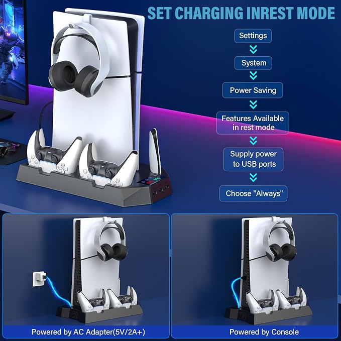 PS5 Slim Stand and Cooling Station with Controller Charging Station for Playsation 5 Slim&Standard Disc/Digital Console, PS5 Accessories Incl. Charger/Turbo Fan/3 USB Hub/Headset Holder - Black - Image 6