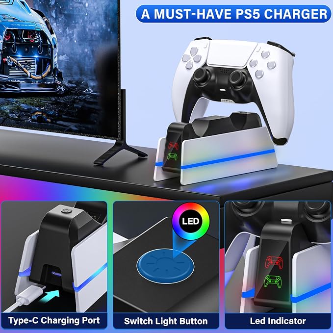 Charger Station for PS5 Controller - Charging Station for Dualsense/Edge Controller with 9 Color Led Light, Fast Charging Dock & Holder Charger Stand for PS5 Remote Accessories - Image 4