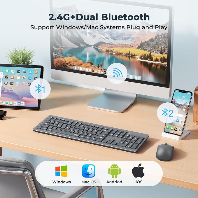 Wireless Keyboard and Mouse, 2.4GHz/Bluetooth Quiet Full Size Set, Gray - Image 2