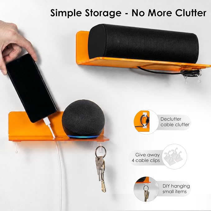 OAPRIRE Small Acrylic Floating Wall Shelves Set of 2, Flexible Use of Wall Space, 9 Inch Adhesive Display Shelf for Security Cameras/Smart Speaker/Action Figures, with Cable Clips - Clear Orange - Image 6