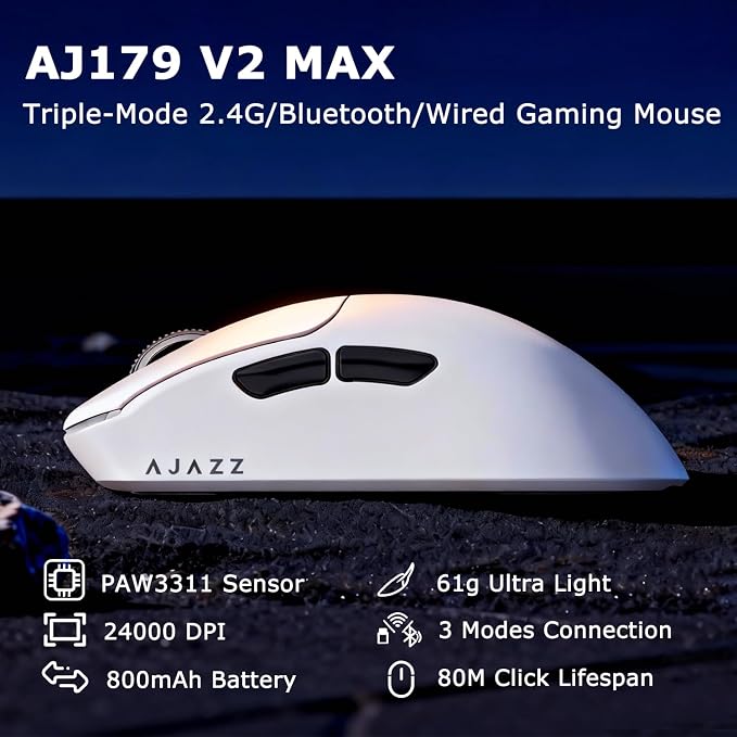 AJ179 V2 Wireless Gaming Mouse, Tri-Mode 2.4G/Bluetooth/Wired, 800mAh Battery Inside a 61g Ultra-Light Shell, 24000 DPI, 6 Programmable Buttons, Right-Handed Ergonomic, On-Board Memory – White - Image 2