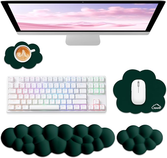 Sushret Cloud Wrist Rest for Computer Keyboard and Mouse Pad Set,Dark Green | Memory Foam, Leather, 4-in-1 Cloud Keyboard Wrist Rest Set with Ergonomic Support for Arm and Palm Cushion, Gaming/Work Setup by Sushret