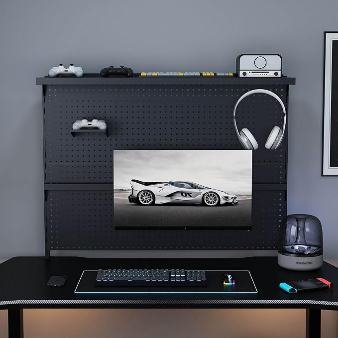 Majnesvon Clamp On Pegboard-Metal Office Pegboard Organizer with Monitor Stand, Peg Board Gaming for Desk with Hooks & Movable Partition, Office Storage Shelf for Workstation Setup (Black 43x35 Inch) by Majnesvon