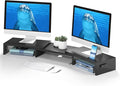 BONTEC Dual Monitor Stand Riser, Adjustable Length & Swivel Angle, Black | Ergonomic Wooden Desktop Organizer with Smartphone Holder, Computer Monitor Stand for PC, Laptop,Printer and Large Storage by BONTEC