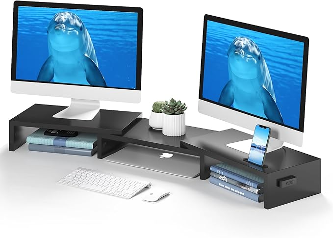 BONTEC Dual Monitor Stand Riser, Adjustable Length & Swivel Angle, Black | Ergonomic Wooden Desktop Organizer with Smartphone Holder, Computer Monitor Stand for PC, Laptop,Printer and Large Storage by BONTEC