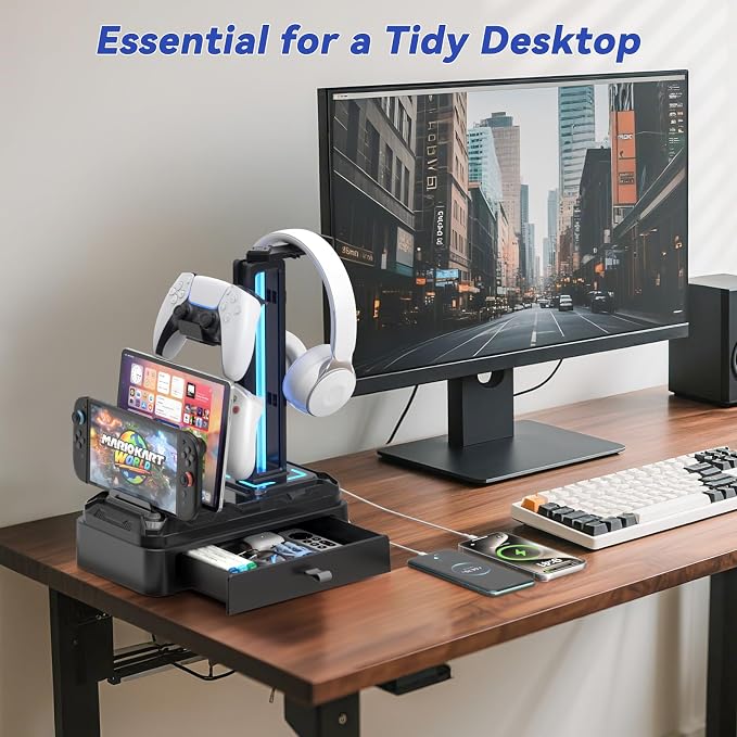 KDD Headphone Stand with USB A&C Charger Ports - RGB Controller Stand with Detachable Hooks - Rotatable Headset Hanger & Device Slot for Phones/Tablets - Drawer Storage Base for Gaming Desk Organizer - Image 8