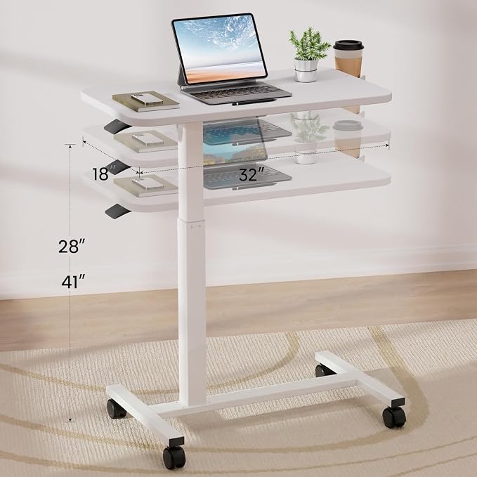 GTPLAYER Small Standing Desk with Lockable Wheels, Pneumatic Mobile Rolling Laptop Desk,Adjustable Height Overbed Bedside Table Computer Workstation for Home Office (32" W x 18" D, White) - Image 3