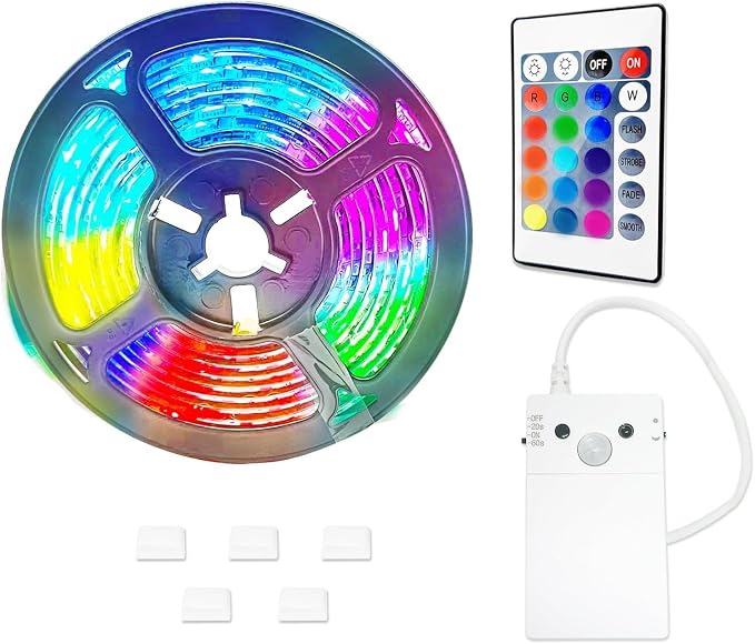 Motion Sensor Strip Lights Battery Operated, 6.6FT Color Changing Led Strip Light Dimmable with Remote/4Modes, RGB & Warm White Light Strip Waterproof for Bedroom Bathroom Cabinet Closet Indoor by Litupshow