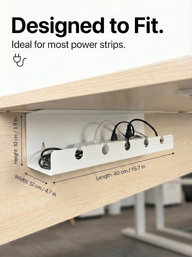 Under Desk Cable Management Tray No Drill, Cord Organizer for Desk, Wire Organizer, Cable Tray for Home Office Standing Desk, Wire Managment, Cord Hider, Set of 2 pcs (White) - Image 3