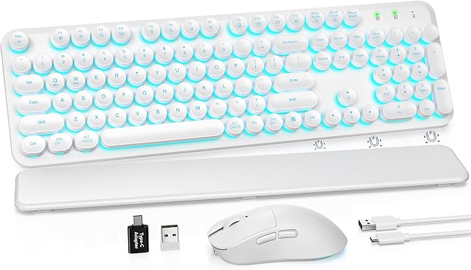 Wireless Keyboard and Mouse Combo, Backlit Round Keycaps, Retro Typewriter Keyboard with Detachable Wrist Rest, Rechargeable & Tilt Legs, 2.4GHz Cordless Connection for Windows/PC (Glowing White) by SABLUTE