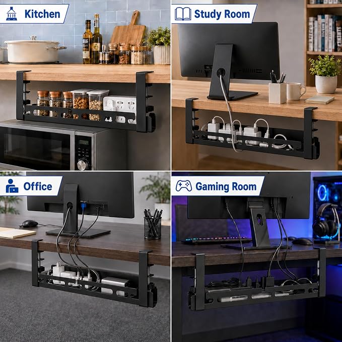 Under Desk Cable Management Tray, 15.75" No Drill Clamp-On Metal Cable Tray for Power Strip, Compact Under Desk Cord Organizer and Wire Management Holder for Office, Gaming Desk, Standing Desk - Image 6