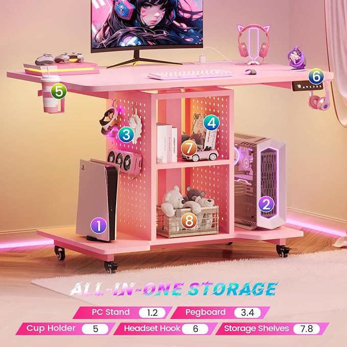 SEDETA Small Standing Gaming Desk, 31.5" Rolling Computer PC Desk Electric Height Adjustable with Power Outlet, Pegboard & Storage Shelves, LED Light, for Small Spaces/Bedroom/Gaming/Girl Room, Pink - Image 4
