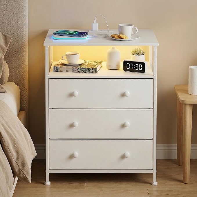 3-Drawer LED Nightstand with Charging Station, White - Image 2