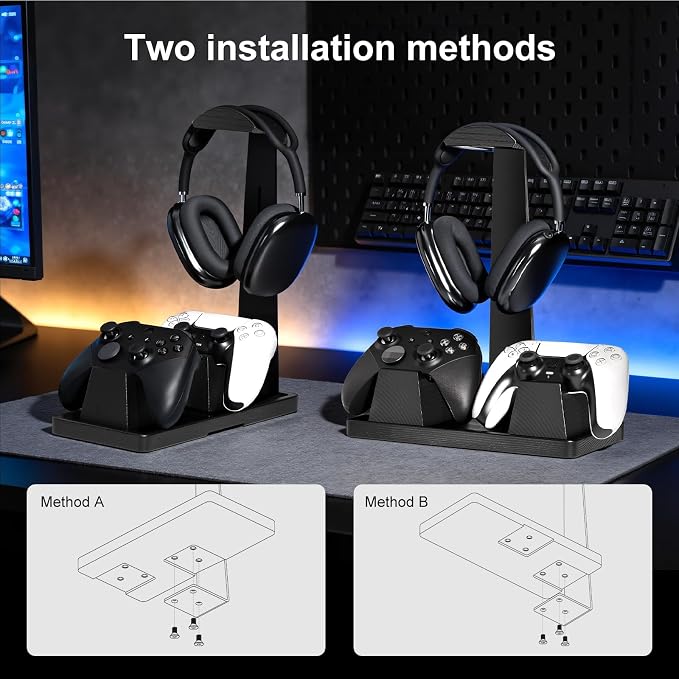 UPERGO Headphone and Headset Stand with Controller Holders Gamer Gifts | Solid Wood, Holds 2 Controllers, Storage Tray for Gaming Room Decor, Compatible with PS5 and Xbox - Image 6