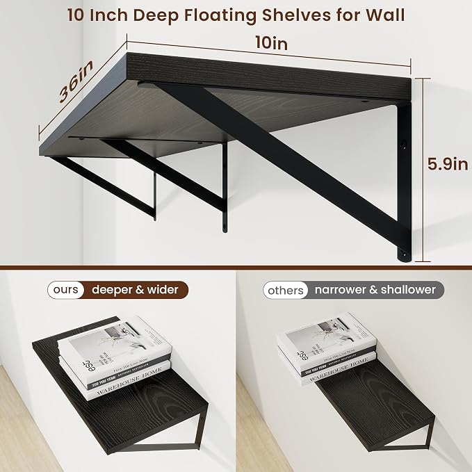 Axeman Deep Floating Shelves, 36'' x 10'' Black Wall Shelves Set of 2 - Image 3