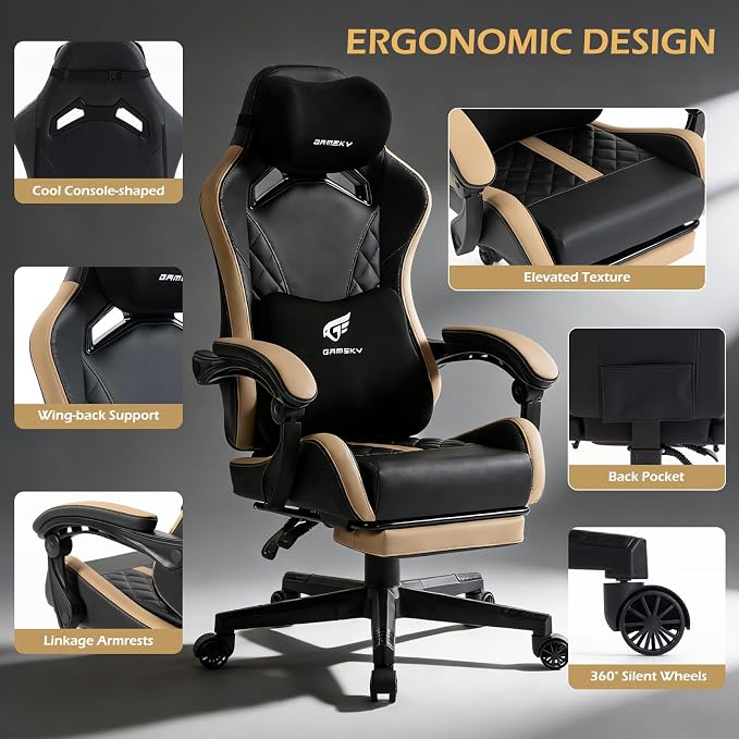 Ergonomic Gaming Chair for Adults with Footrest - PU Leather Computer Gamer Chair with Memory Foam Headrest & Lumbar Pillow, Reclining Silla Gamer Video Game Chair for Home Office, Black & Yellow - Image 8