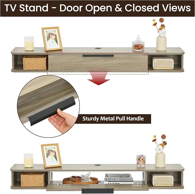 Floating TV Stand, 55" Wall Mounted TV Cabinet, Wood Media Console for TVs up to 65", Entertainment Center with Storage for Living Room, Under TVs Shelf for DVD Player, Wood Grain Grey - Image 7