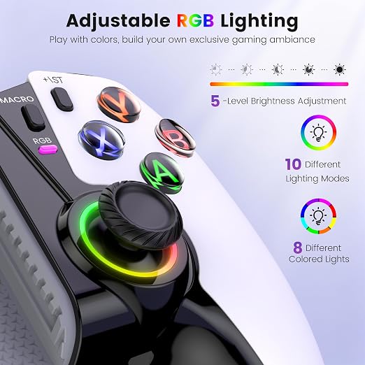 NinjaPlusOX Mobile Gaming Controller for iPhone/Android/Switch 2/Switch/OLED, Wireless Phone Controller with Hall Effect Joysticks/Hall Triggers, 8 Color RGB Lighting, Turbo, Macros -White - Image 7