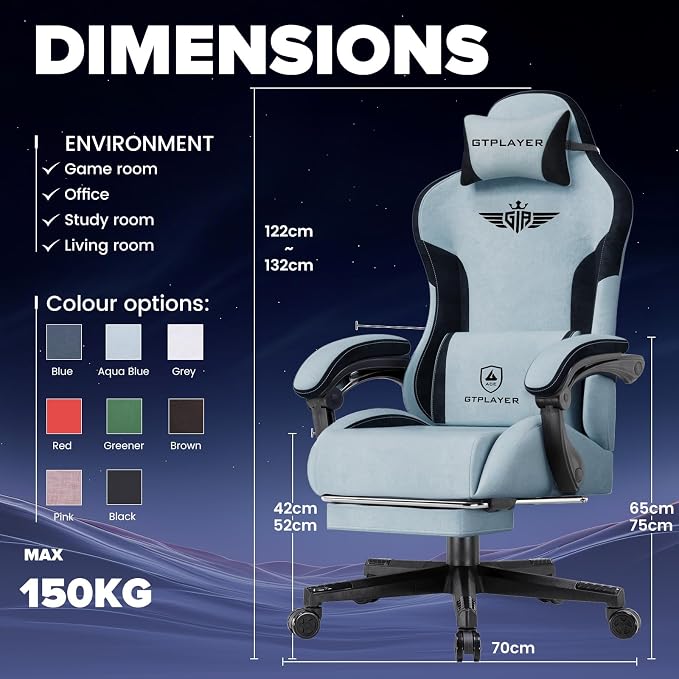 GTPLAYER Gaming Chair, Computer Office Chair Lumbar Support, Linkage Armrests and Footrest, Ergonomic Game Chair for Adults with Extended Backrest, Velvet Fabric, Light Blue - Image 3