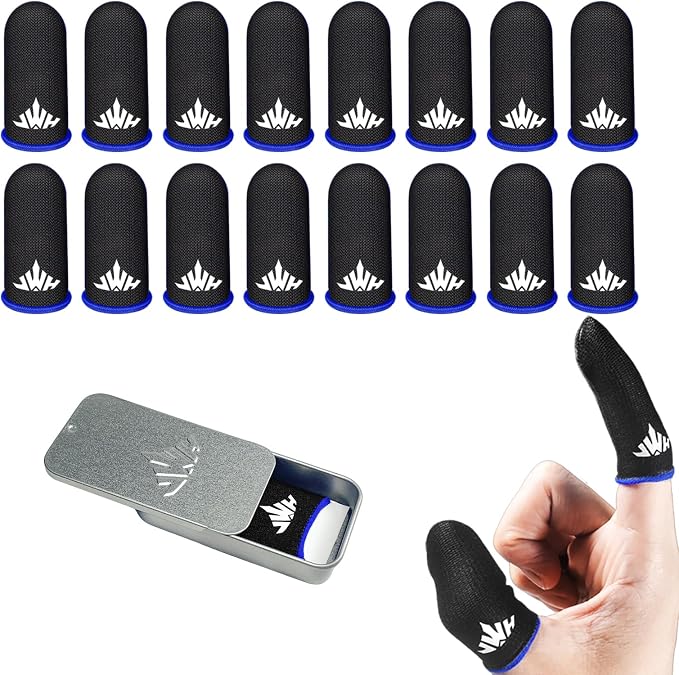 16 Pack Mobile Phone Gaming Thumb Sleeve,with Storage Box,JWH Finger Cots for PUBG Mobile Gaming Glove,Blue Edge,Anti-Skid,Extremely Thin,Dedales Gamer profesionales guantes para by JWH
