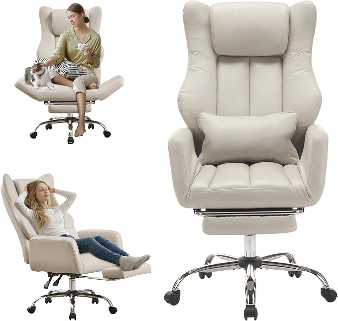 JOMEED Cross Legged Office Chair with Footrest,Flip Armrest,Beige | Big and Tall Executive,Ergonomic Design with Lumbar Pillow, 155° Reclining, PU Leather Wide Desk Chair for Home and Office by JOMEED
