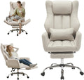 JOMEED Cross Legged Office Chair with Footrest,Flip Armrest,Beige | Big and Tall Executive,Ergonomic Design with Lumbar Pillow, 155° Reclining, PU Leather Wide Desk Chair for Home and Office by JOMEED