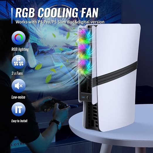 Cooling Fans for PS5 Pro/Slim, Adjustable 3 Speed Fans with LED Light, Quiet and Efficient Cooling System,USB 3.0 Port for PlayStation5 Pro/Slim Disc/Digital Edition Console-Black&White - Image 2