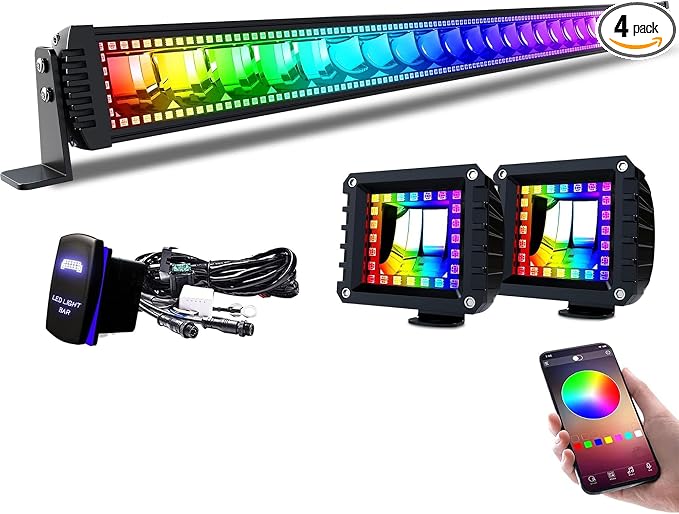 Lpteso RGBW LED Light Bar 52'' inch 300W Flood Spot Combo Beam 2PCS 4 Inch 18W Flood RGB LED Pods with 16 Solid Colors Chasing RGB Halo Ring Changing with Strobe Flashing with Rocker Switch Wiring by Lpteso