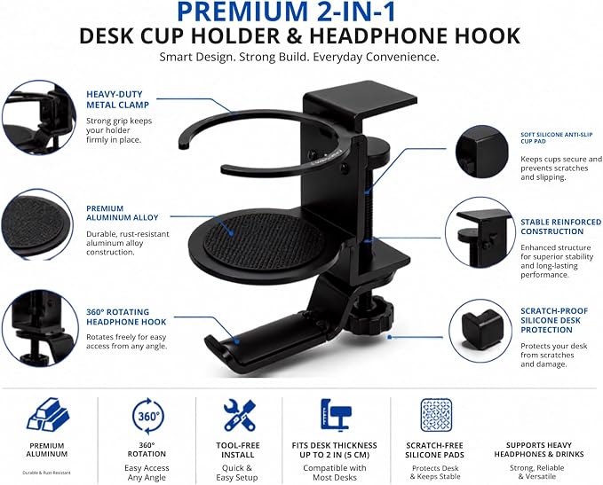 Foldable Aluminum Under Desk Headphone Hanger with Cup Holder, 2-in-1 Clamp-on Headset Stand & Drink Holder, Heavy Duty Gaming Headphone Hook for Office, Home, Gaming Desk - Black - Image 9