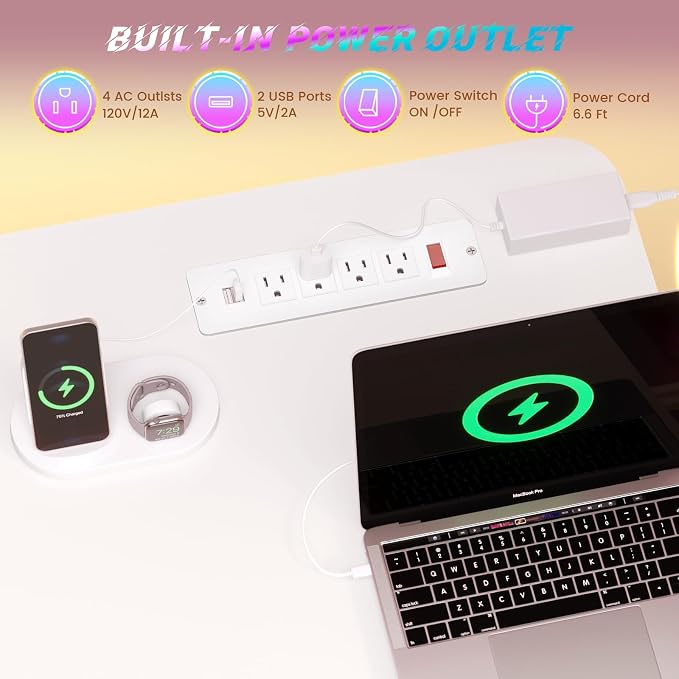 SEDETA Small Standing Gaming Desk, 31.5" Rolling Computer PC Desk Electric Height Adjustable with Power Outlet, Pegboard & Storage Shelves, RGB LED Light, for Small Spaces/Bedroom/Gaming, White - Image 7