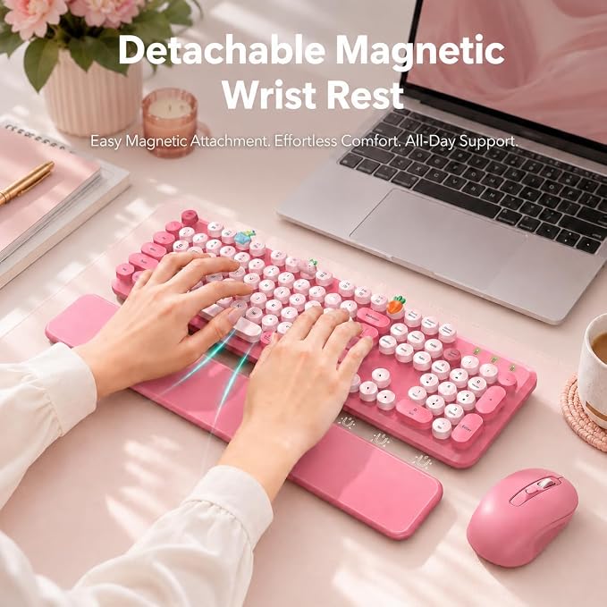 Wireless Keyboard and Mouse Combo, Round Keycaps, Magnetic Wrist Rest, Pink - Image 3