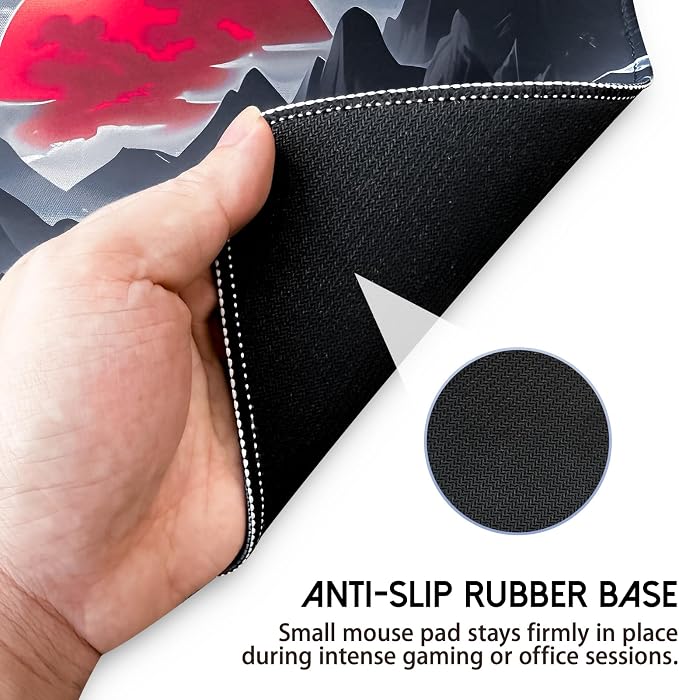 FreeNook Small Gaming Mouse Pad, Anime Black Mousepad with Stitched Edges, Expanded Cool Desk Mat, Japanese Red Moon Keyboard Mat Suitable for Home Office,10.2 X 8.3 Inch - Image 4