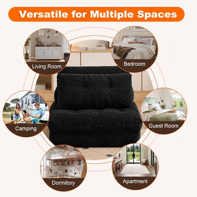 King Oasis Folding Sofa Bed, Corduroy Chair Bed with Pillows | 3-in-1 Fold Out Floor Sofa Couch with Headrest and Lumbar Pillows，for Living Room, Bedroom, Apartment, Dorm, Black - Image 5