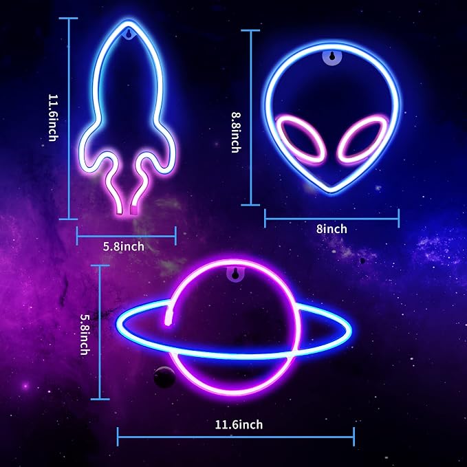 Neon Signs for Wall Decor, 3PCS LED Neon Lights for Bedroom, USB or Battery Powered Light Up Space Themed Alien Planet Rocket for Kids, Teen Boys, Gaming Room, Bar, Birthday, Cool Decoration Aesthetic - Image 5
