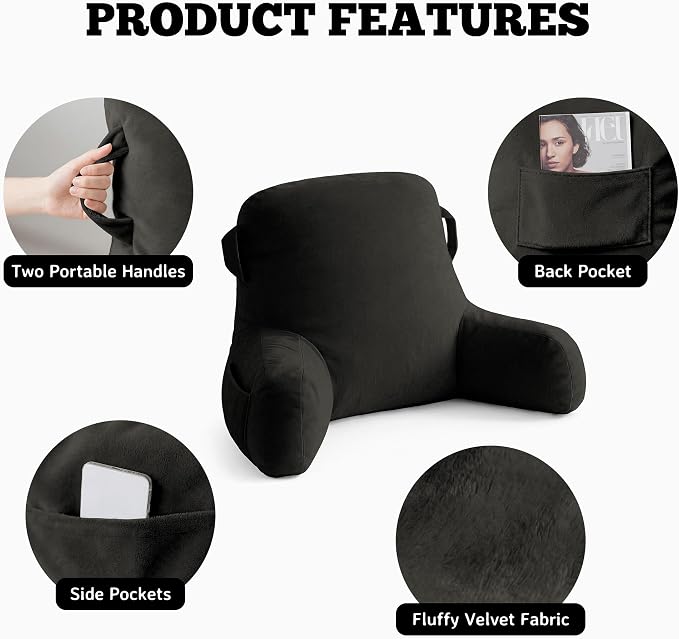 Unisakey Portable Comfy Reading Pillows for Bed Sitting Up(Grey Oeko-Tex), Velvet Back Pillow with Arms & Pockets for Adults, Support Memory Foam Bed Pillow for Dorm/Reading/Watching/Gaming - Image 6