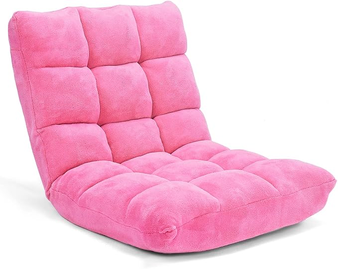 GIANTEX Floor Chairs for Adults, Floor Gaming Chair w/Back Support (Pink) | Coral Velvet, 14 Adjustable Position, Thick Sponge Padding, Floor Seating Lounge for Reading, Watching TV, Meditation by Giantex