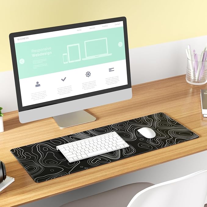 KTRIO Large Gaming Mouse Pad, 31.5 x 11.8 in, Black Topographic, XL | Smooth Micro-Weave Surface, Artistic Pattern Design, Non-Slip Rubber Base, Durable Stitched Edges , Office & Home Use - Image 5