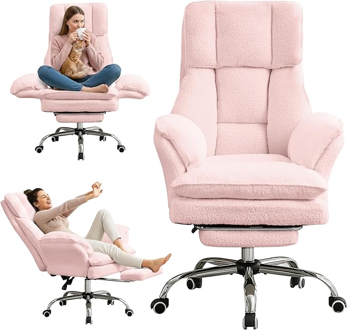JOMEED Cloud Cross Legged Office Chair with Footrest,Flip Armrest,Pink | Ergonomic Teddy Big and Tall Executive Chair with Wheels,155° Reclining Computer Wide Desk Chair for Home,Office by JOMEED