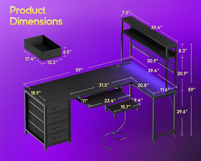 AODK 59 Inch L Shaped Gaming Desk with 4 Drawers, Keyboard Tray, Black | LED Lights, Power Outlets, Metal Grid Panel, Display Shelves, PC Tower Stand, Reversible Layout for Gaming and Home Office - Image 3
