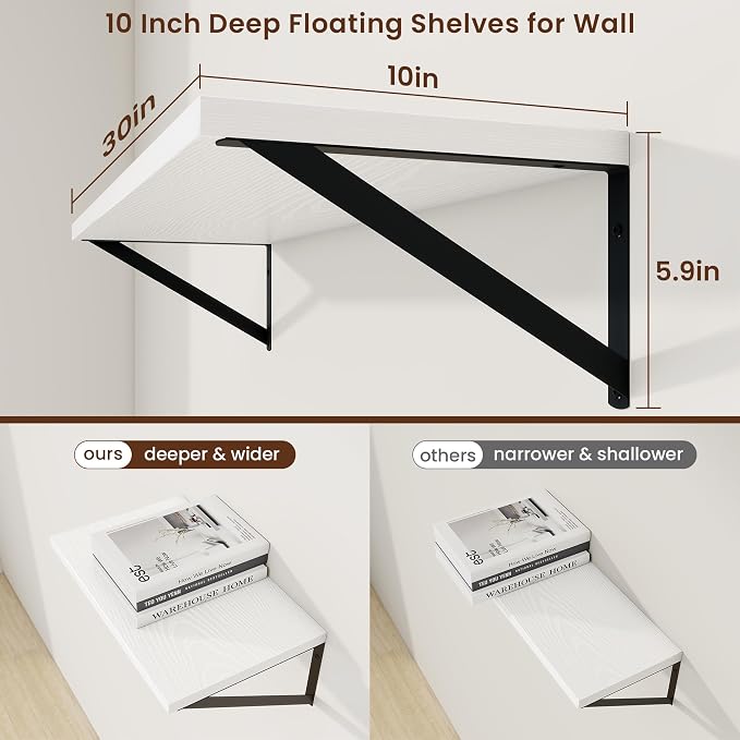 Axeman 30 Inch Floating Shelves, 10 Inch Deep White Wall Shelves Set of 2 - Image 3