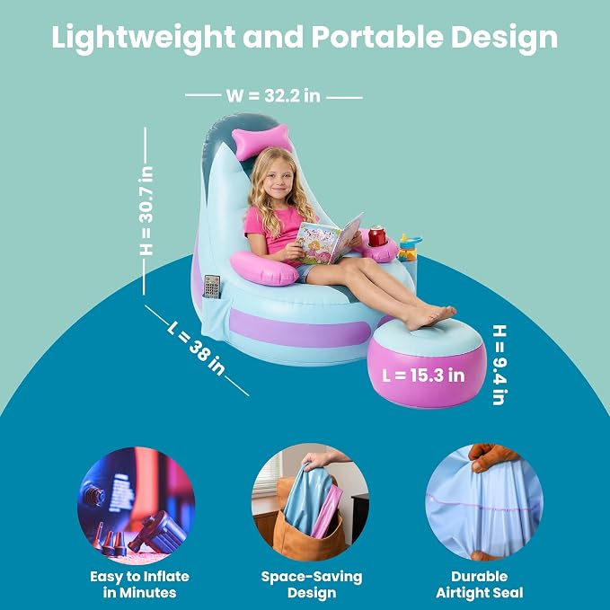 Inflatable Gaming Chair for Kids – Supports Up to 300 lbs, Includes Air Pump, Cup Holder, 2 Pockets – Durable Bean Bag Seat, Comfy Kids Gaming Chair & Top Gamer Chairs for Kid Room - Image 2
