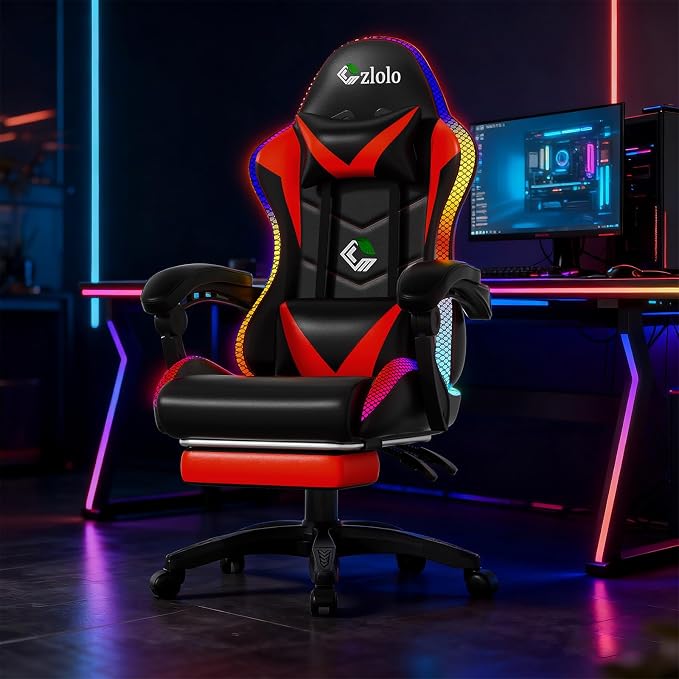 Czlolo Gaming Chair, Racing Style RGB LED Lights Gaming Chairs for Adults and Kids, Lumbar Massager Gamer Chair, High Back Reclining Computer Chair with Footrest and Headrest (Black/Red) - Image 2