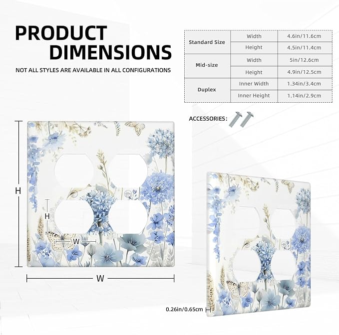 Decorative Switch Plate Covers Blue Floral Hydrangea Watercolor Wildflower 2-Gang Duplex Light Switch Covers Gfci Wall Plate Electrical Receptacle Switchplate Plug Faceplate for Bathroom Decor - Image 5