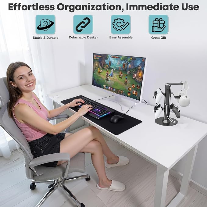 Gaming Controller & Headset Holder Stand for Desk, with Charger Cable Organizer Headphone Stand for PS5/ Xbox/ PS4/ Switch, Metal Base Controller Hook for Storage with 360° Rotatable Hanger- 2 Tiers - Image 7