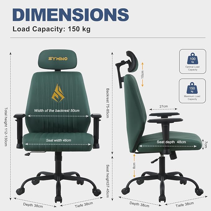 Symino Office Chair Ergonomic with 109° Rocking Function, Premium PU Leather, Integrated Lumbar Support, Adjustable Headrest & Armrests, Swivel Desk Chair - Image 3