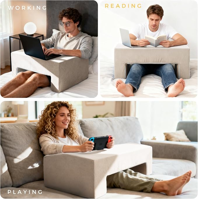 Reading Pillow for Gaming Lap Desk Pillow for Laptop Memory Foam Bed Desk for Reading Working Crocheting Gaming Arm Rest on Bed/Sofa/Floor/Couch/Car (Beige) - Image 4