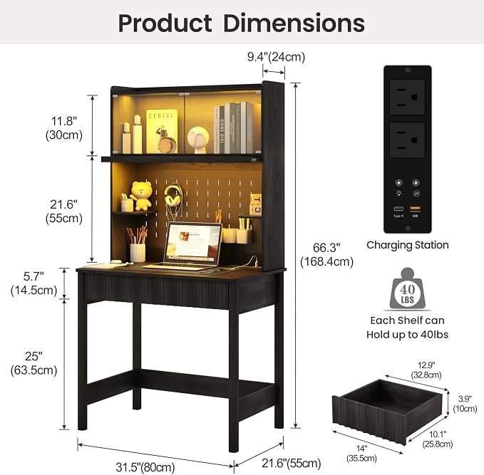 Lvifur 31.5" LED Study Desk with Hutch,Outlets,Reading Lights | Computer Desk with Charging Station,2 Drawer,Compact Writing Desks,Home Office Desks for Bedroom,Black - Image 2