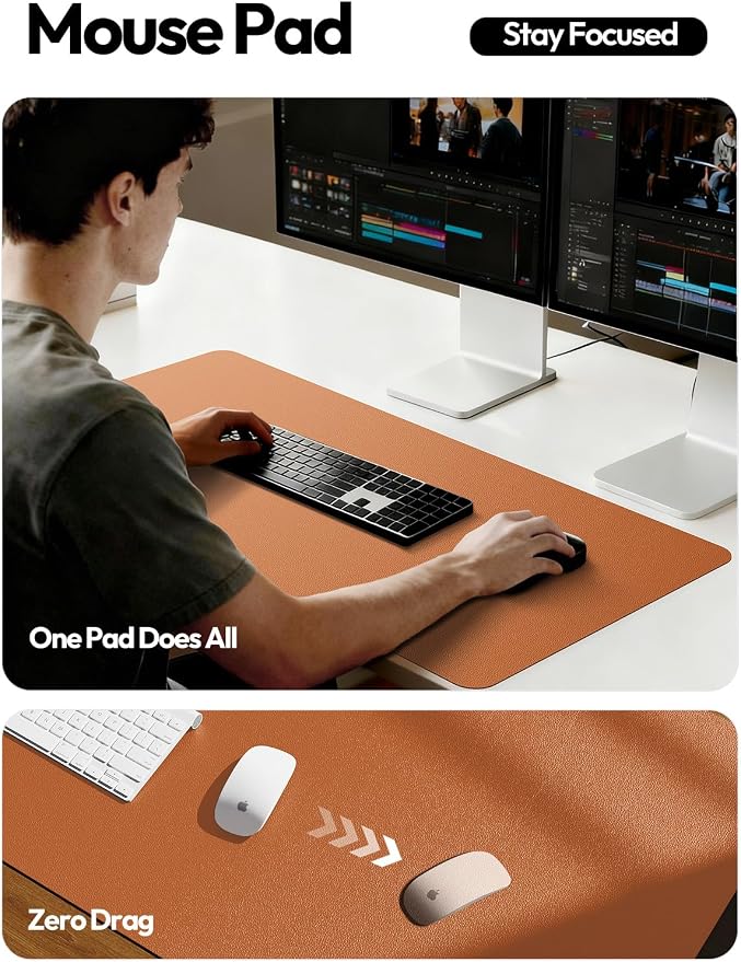 YSAGi Desk Pad Protector, Large Mouse Mat, Non-Slip PU Leather Waterproof Laptop Desk Blotter/ Writing Pad for Office and Home (23.6" x 13.8", Brown) - Image 4