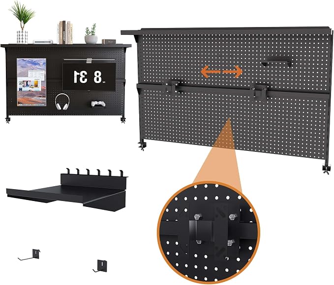 Metal Pegboard Desk Organizer with Dual Monitor Stand, 59x35 Inch Clamp-On Privacy Panel, Carbon Steel Gaming Desk Wall Organizer with 3 Accessories, Black Office Desk Storage System - Image 8